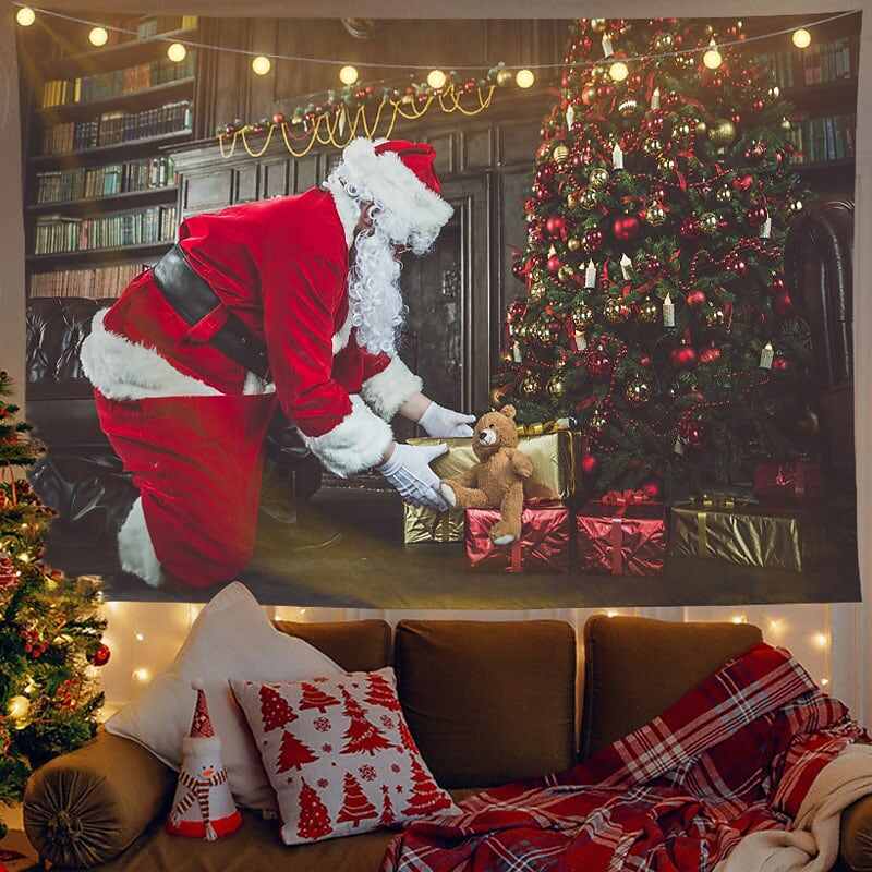 Christmas Decor LED Lights Wall Tapestry Santa Claus Christmas Tree Print