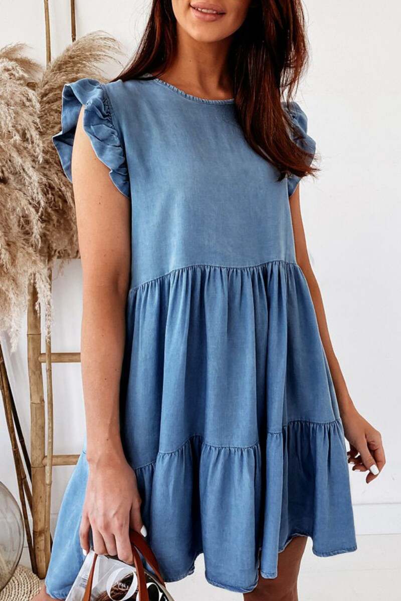 The cowboy blue Casual Solid Patchwork O Neck Sleeveless Regular Denim Dresses