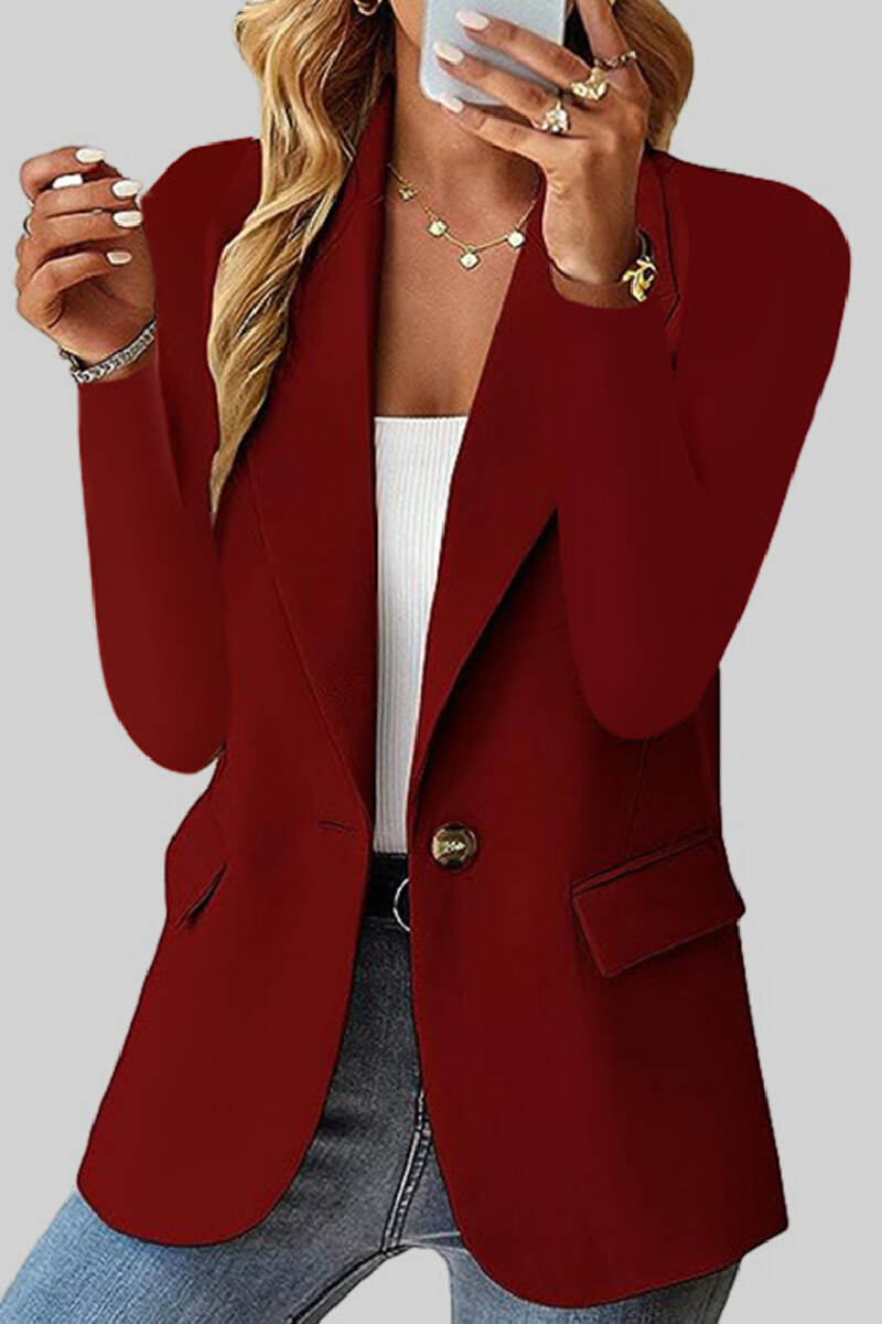 Red Casual Solid Cardigan Turn-back Collar Outerwear