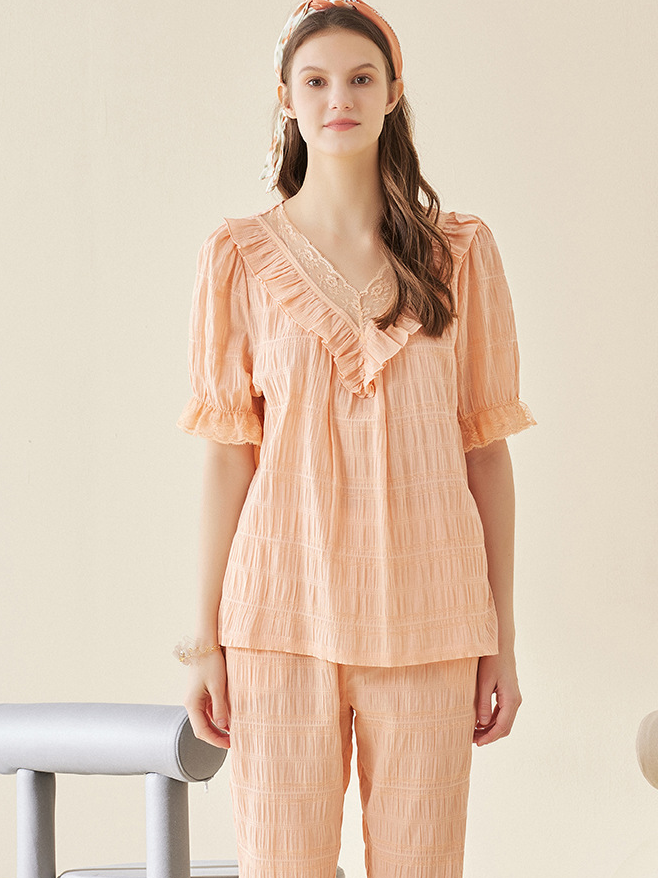 Plain Loose Simple Cotton Short Sleeve Pajama Set