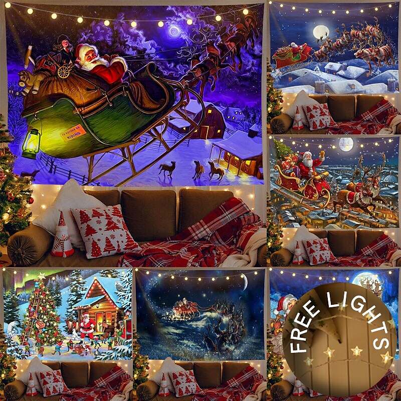 Christmas Decor LED Lights Wall Tapestry Santa Claus Print