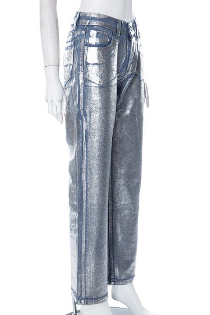 Silver Casual Bronzing Patchwork Mid Waist Straight Denim Jeans