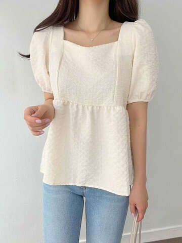 Women Blouses & Shirts | Puff Sleeve Crew Neck Solid Blouse For Women - XQ70049