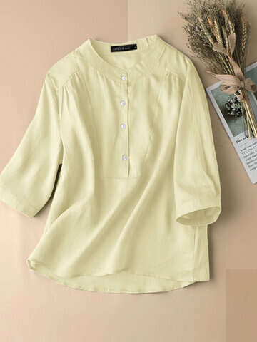 Women Blouses & Shirts | Solid Stand Collar Button Front Half Sleeve Blouse - MV25685