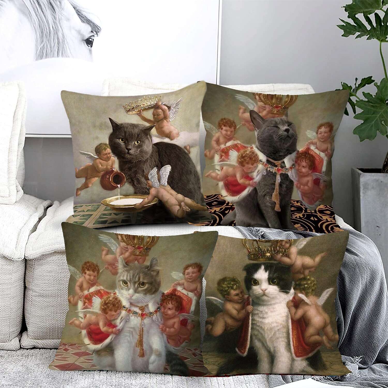 Funny Renaissance Cat Double Side Pillow Cover 4PC