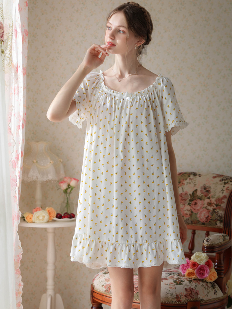 Simple Plain Cotton Floral Others Nightdress