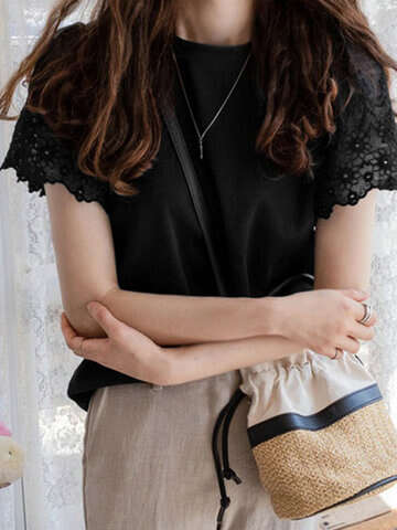 Women Blouses & Shirts | Lace Ruffle Sleeve Crew Neck Solid Casual Blouse - KR35330