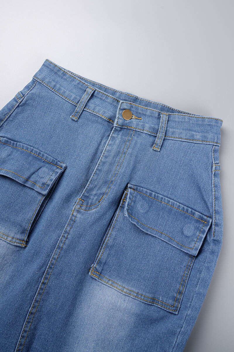 Blue Casual Solid Patchwork Buttons High Waist Skinny Denim Skirts