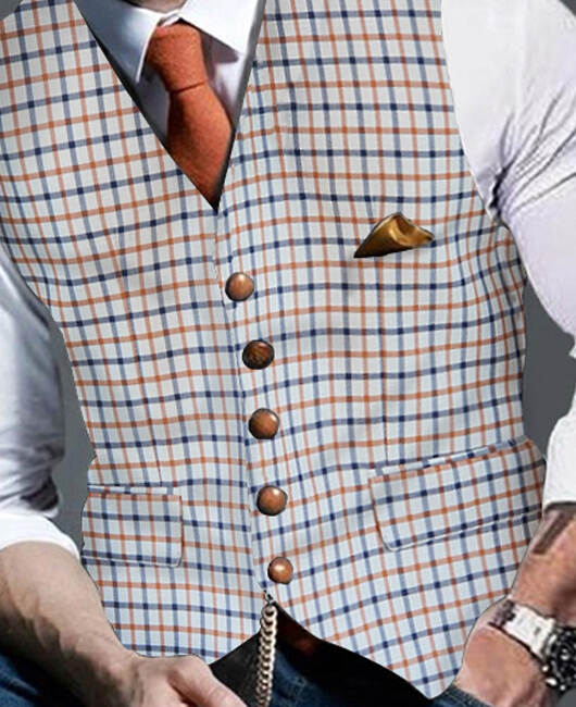 Elegant Gingham Print Single Breasted Blazer Vest
