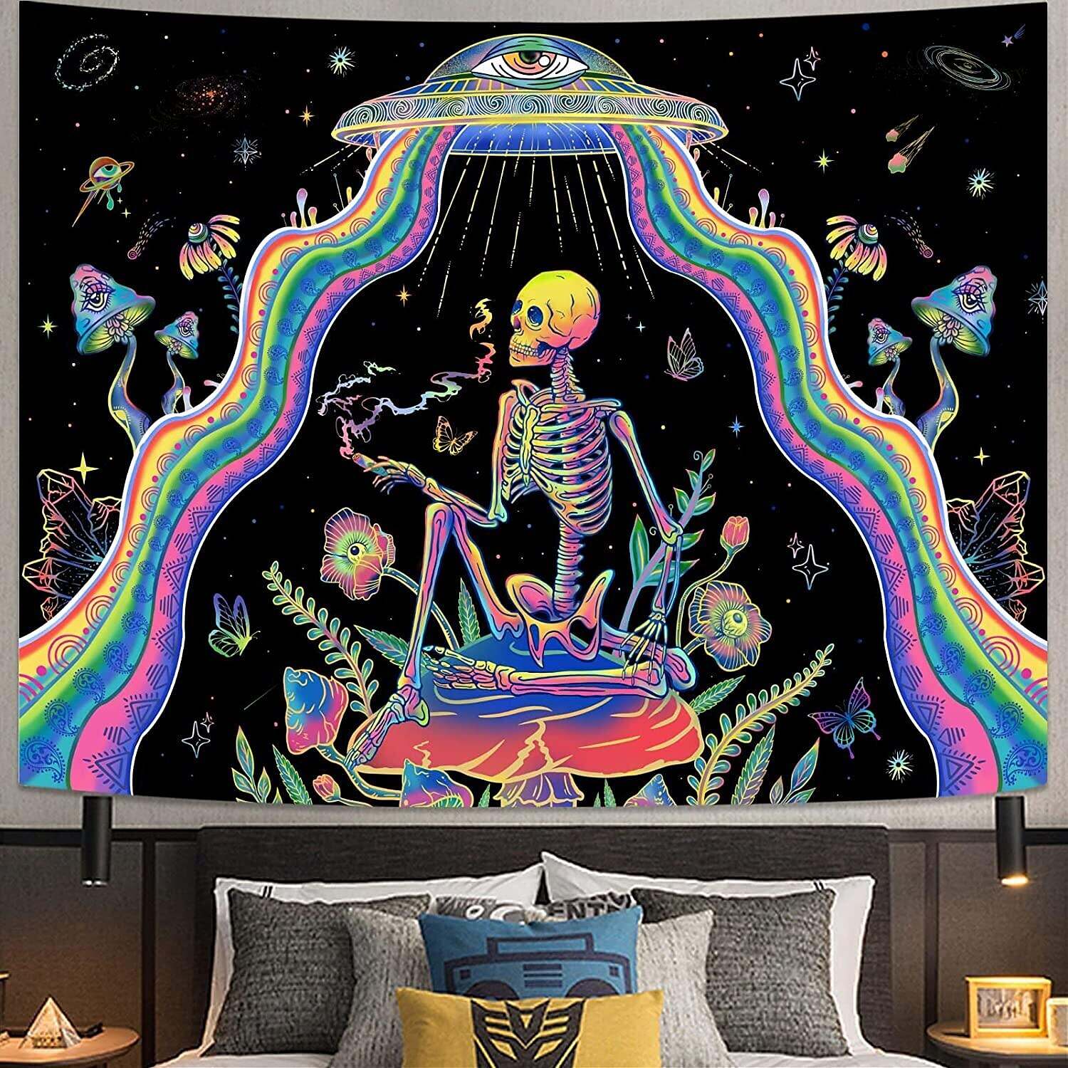 Blacklight Tapestry UV Reactive UFO Trippy Skull Misty Mushroom