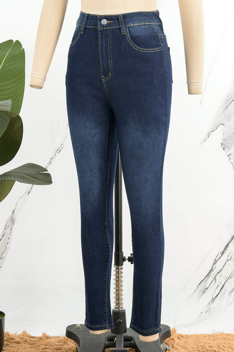 Deep Blue Casual Solid Patchwork High Waist Skinny Denim Jeans