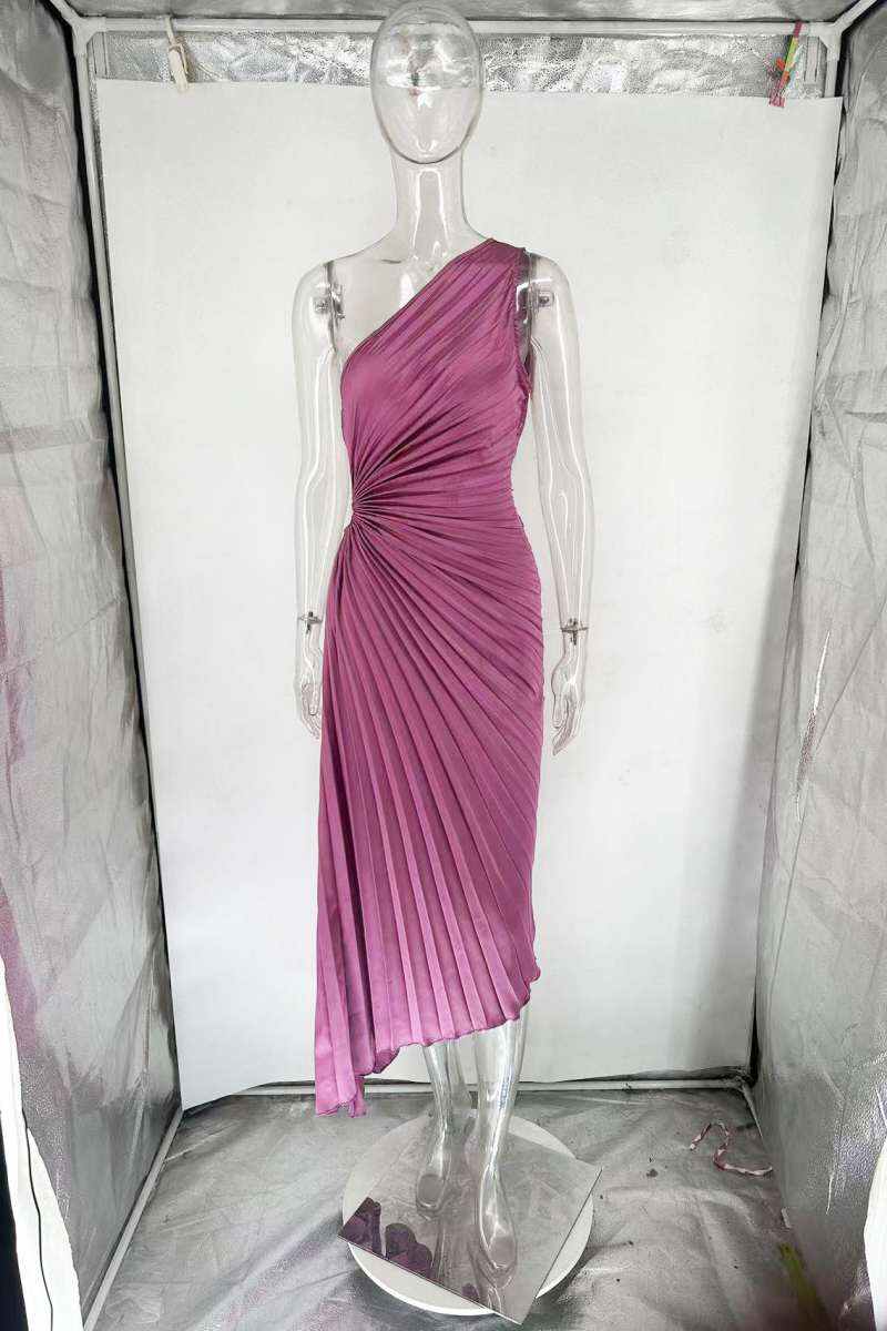 Rose Purple Sexy Casual Solid Hollowed Out Backless Oblique Collar Pleated Dresses