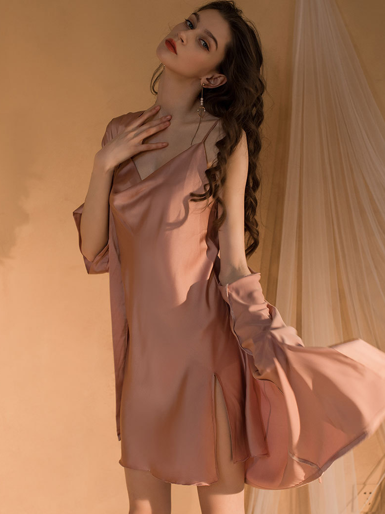 Regular Fit V Neck Plain Edgy Nightdress and Robe Two-piece Set