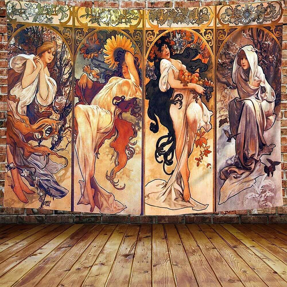 Alphonse Mucha Artwork Four Seasons Painting Tapestry Hanging Wall Art Decor