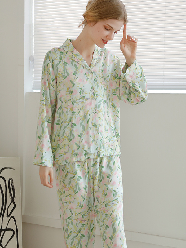 Floral Casual V Neck Regular Fit Long Sleeve Pajama Set