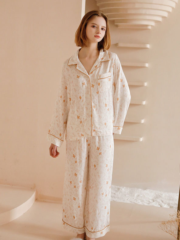 Casual V Neck Bamboo Fiber Regular Fit Long Sleeve Pajama Set