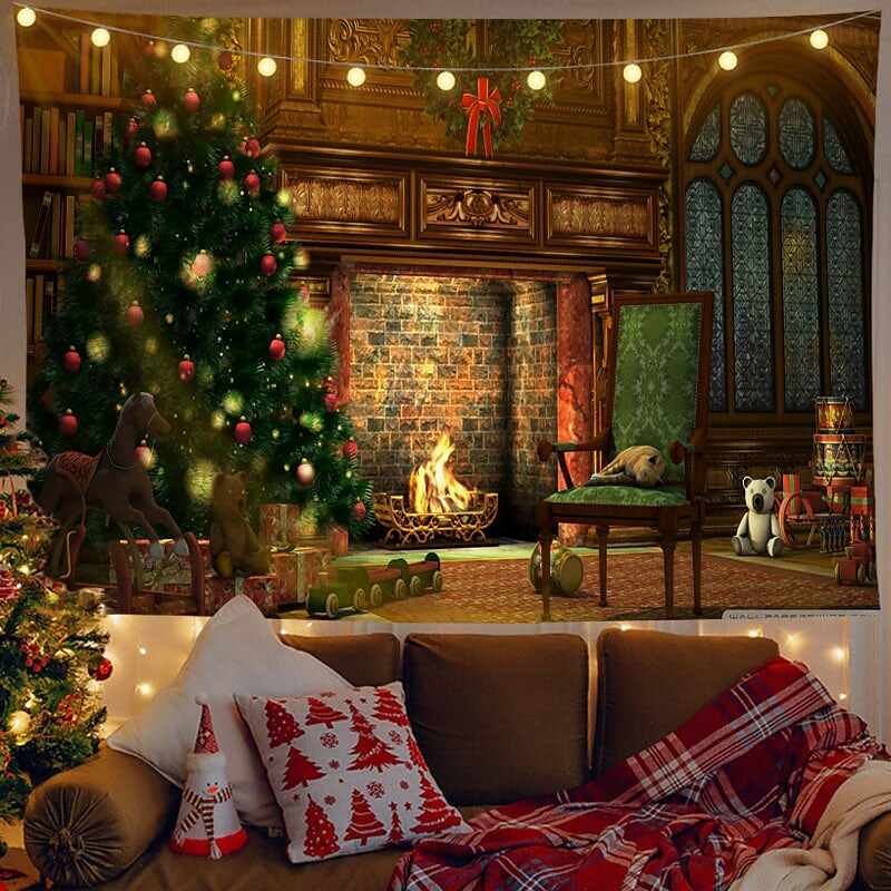 Christmas Decor LED Lights Wall Tapestry Santa Claus Christmas Tree Print