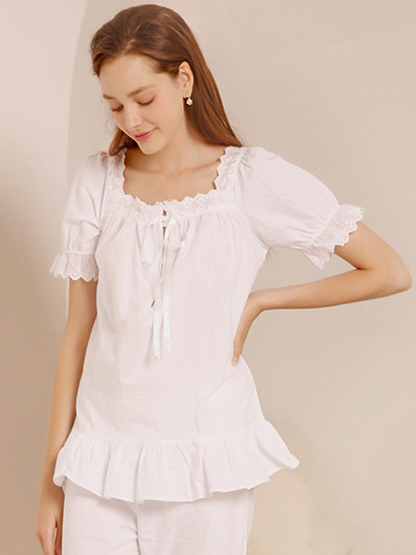 Cotton Casual Lace Loose Short Sleeve Pajama Set