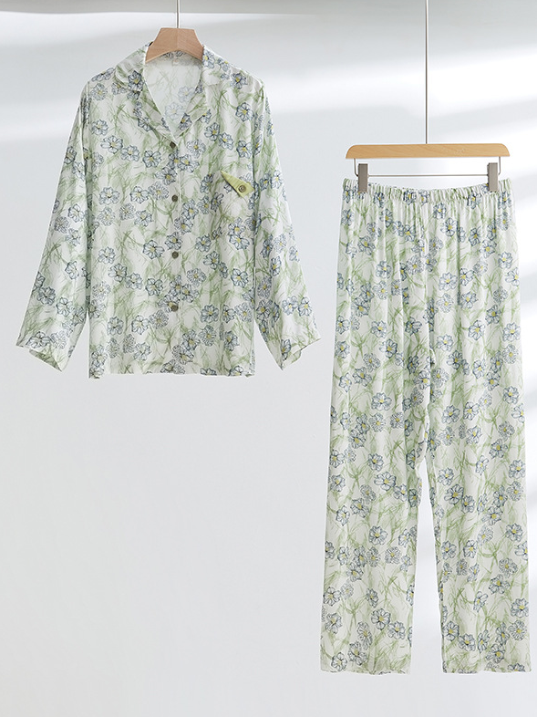 Shawl Collar Simple Floral Long Sleeve Pajama Set