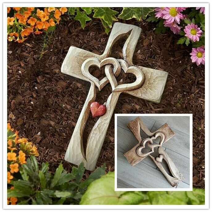 Carved wooden cross - intertwined hearts