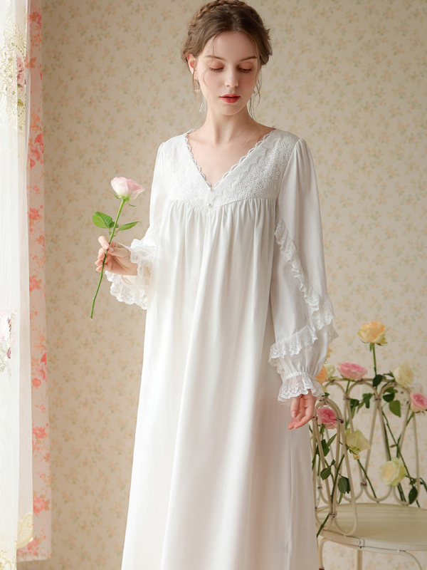 Vacation Cotton Lace V Neck Nightdress