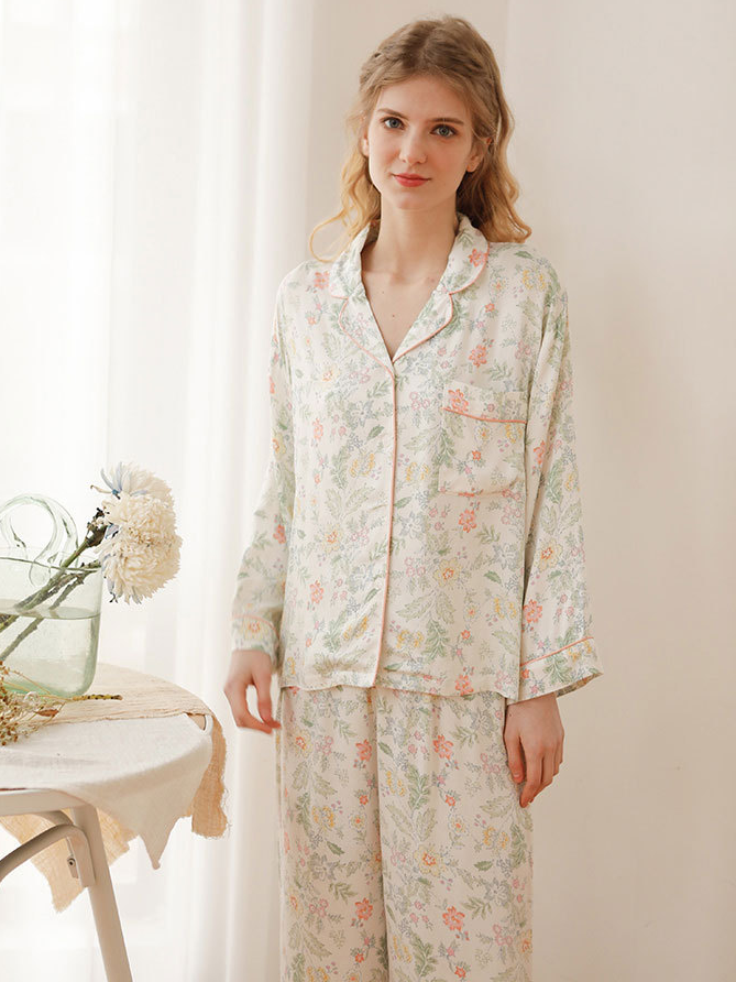 Elegant V Neck Floral Loose Long Sleeve Pajama Set