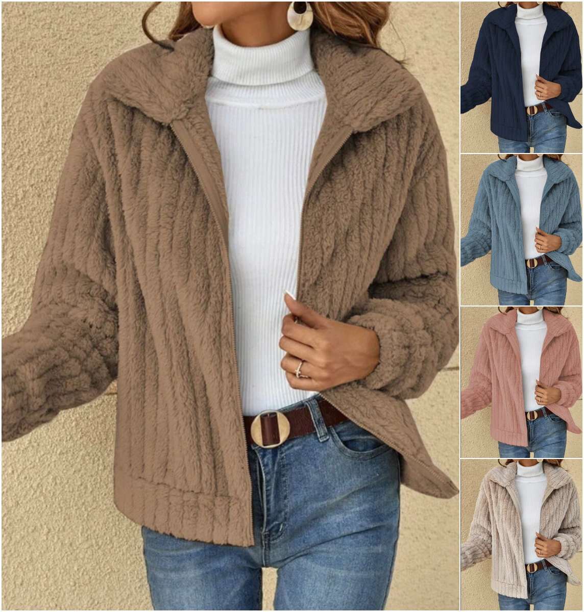 Hot Sale 49% Off- Short Jacket Lapel Zipper Winter Coat Warm Plush Fleece Zipper Casual Coat Top