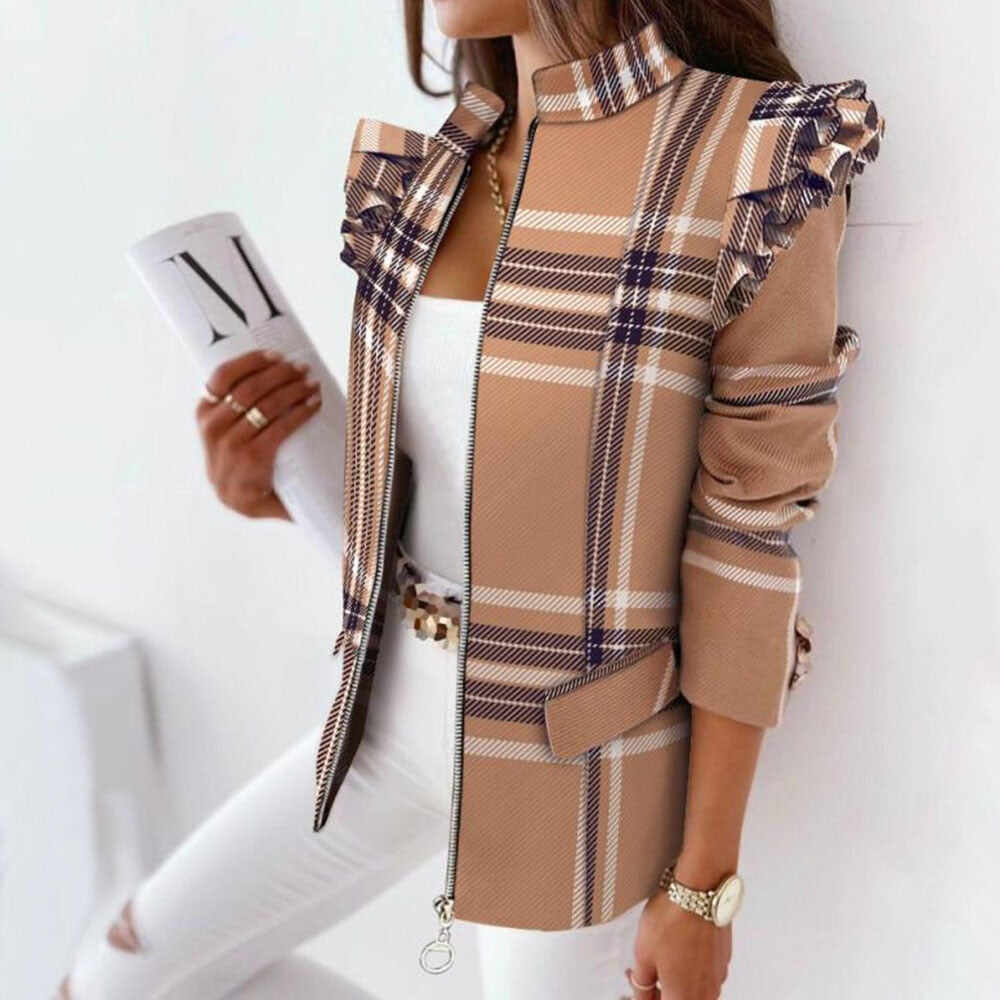 Melrose Plaid Print Ruffles Sleeve Zipper up coat