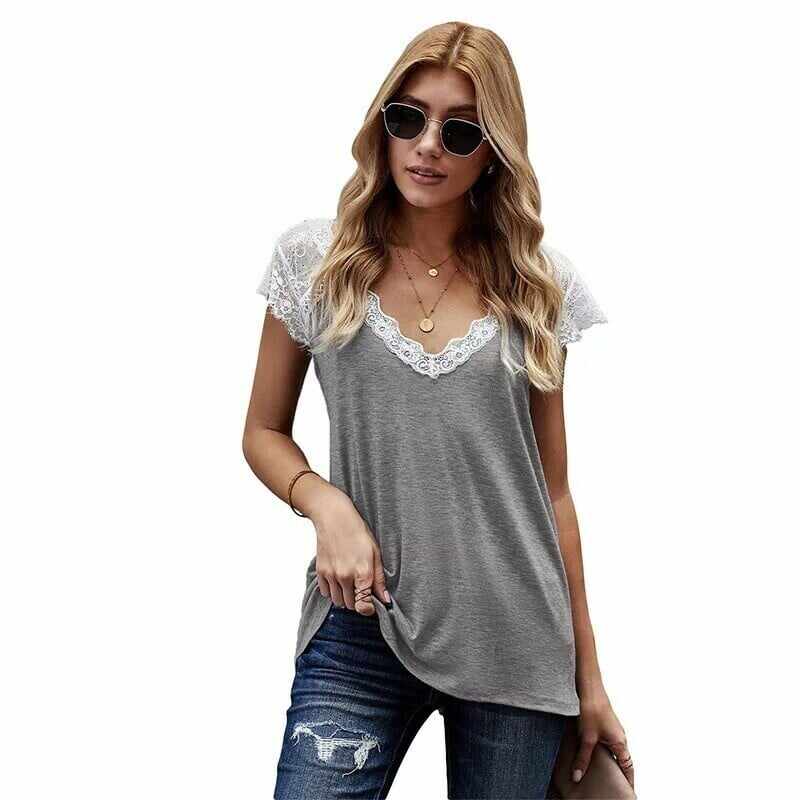 Women's V Neck Lace Vest Summer Casual Short-sleeved Top