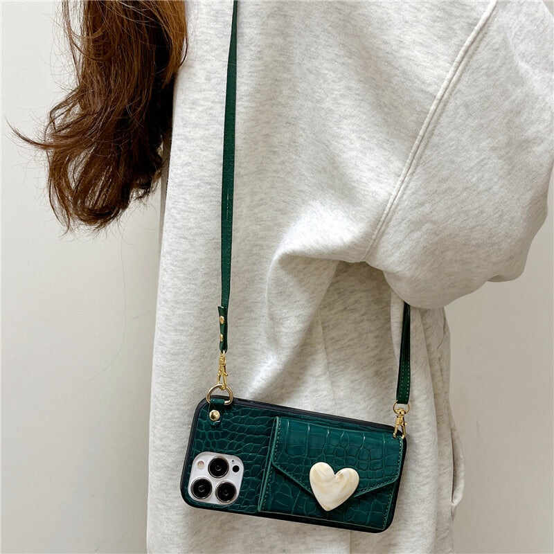 Cute Heart Card Wallet Crossbody Chain Bag Phone Case