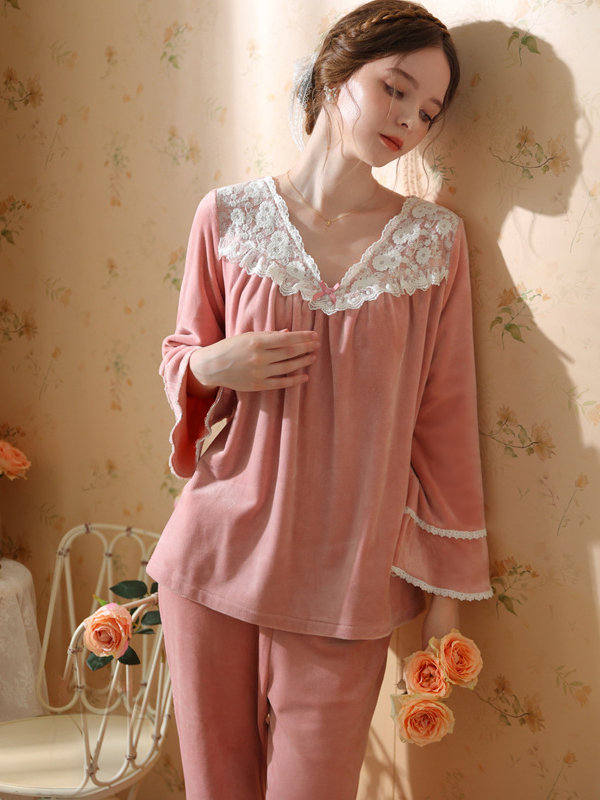 Loose Elegant V Neck Pajama Long Sleeve Set