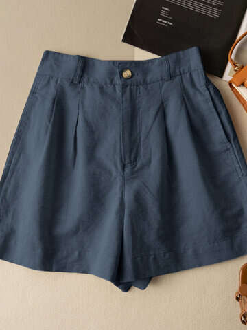 Women Shorts | Solid Ruched Pocket Button Elastic Waist Casual Cotton Shorts - BU54844