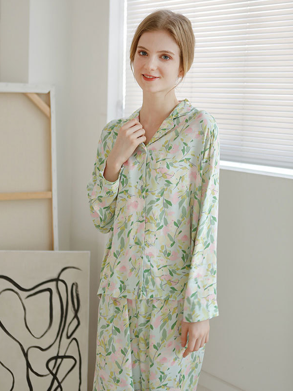 Floral Casual V Neck Regular Fit Long Sleeve Pajama Set