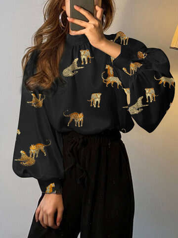 Women Blouses & Shirts | Leopard Graphic Stand Collar Long Sleeve Elegant Blouse - UP20603