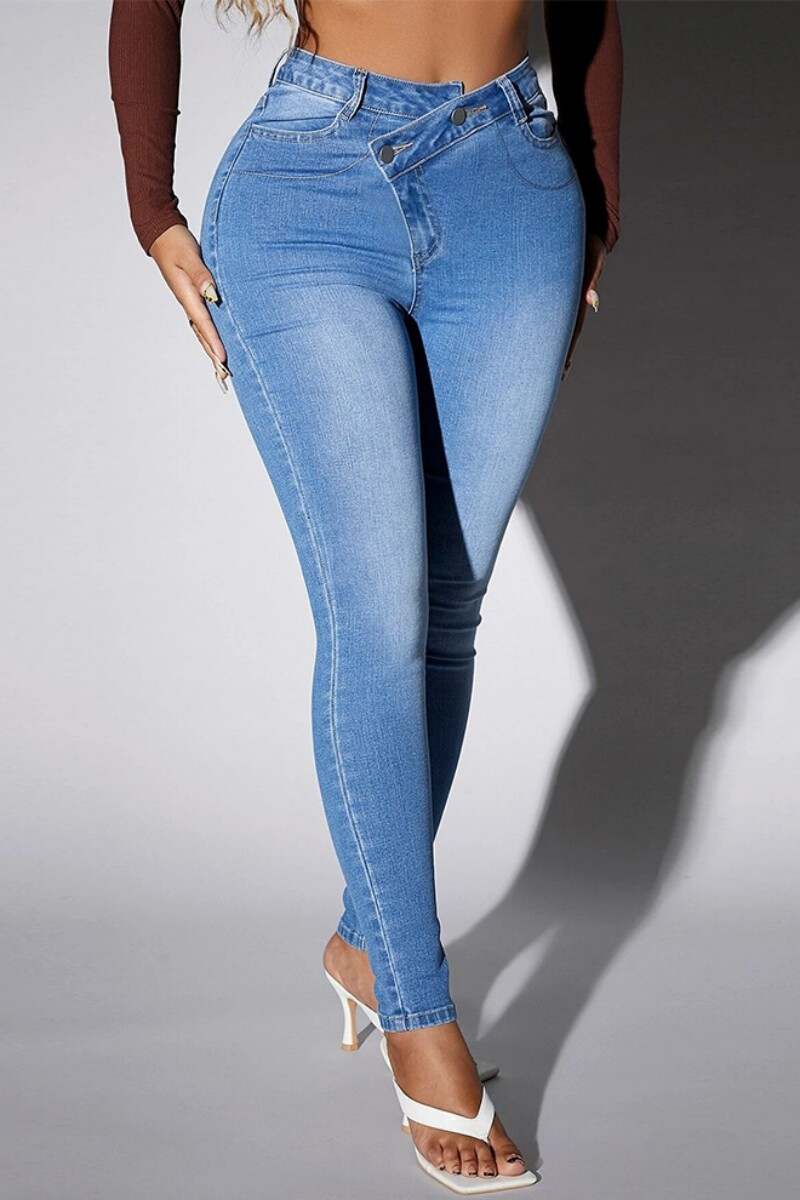 Light Blue Casual Solid Patchwork High Waist Skinny Denim Jeans