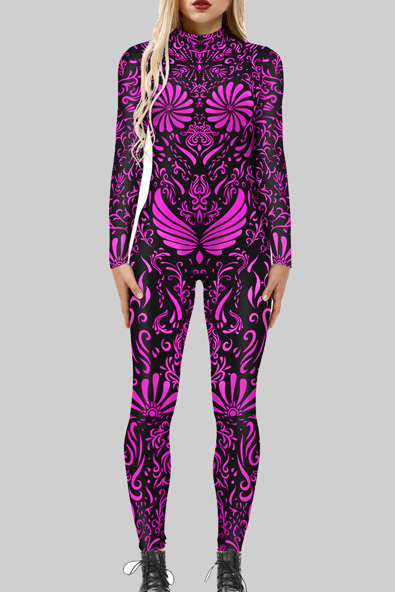 Purple Sexy Print Patchwork Zipper O Neck Skinny Jumpsuits