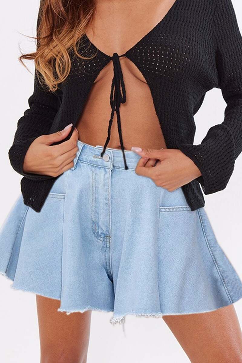 Blue Casual Solid Patchwork High Waist Regular Denim Shorts