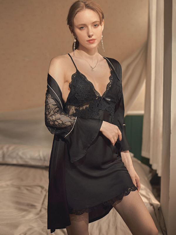 Elegant V Neck Regular Fit Plain Nightdress and Robe Two-piece Set