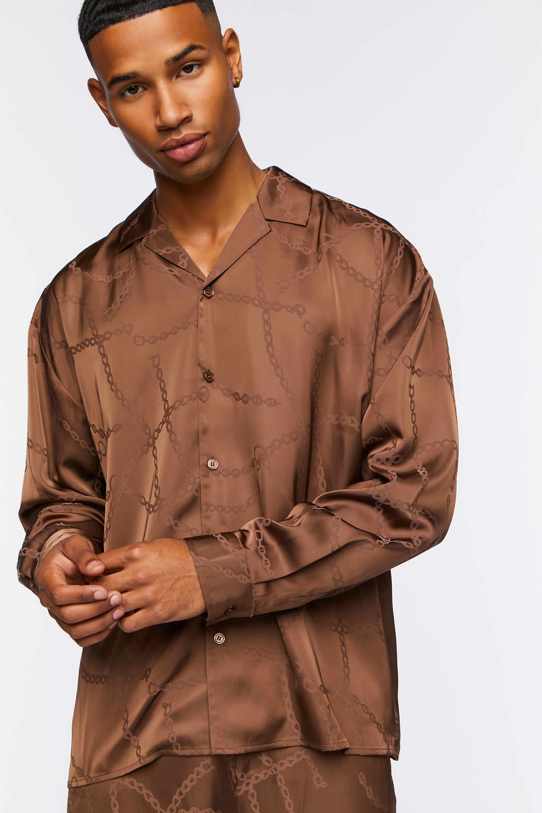 Men Apparel | Chain Print Long-Sleeve Shirt Dark Brown Forever21 - XL07059