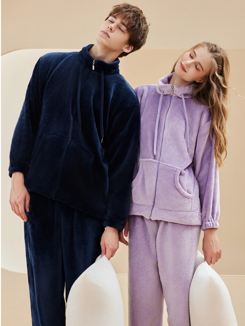 Flannel Plain Shawl Collar Long Sleeve Couple Pajama Set