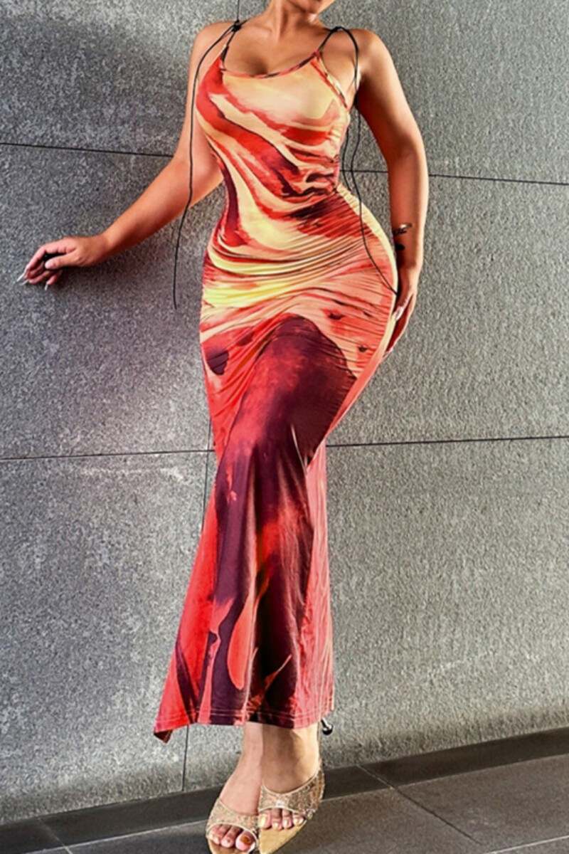 Red Sexy Casual Print Backless Slit Spaghetti Strap Long Dress Dresses