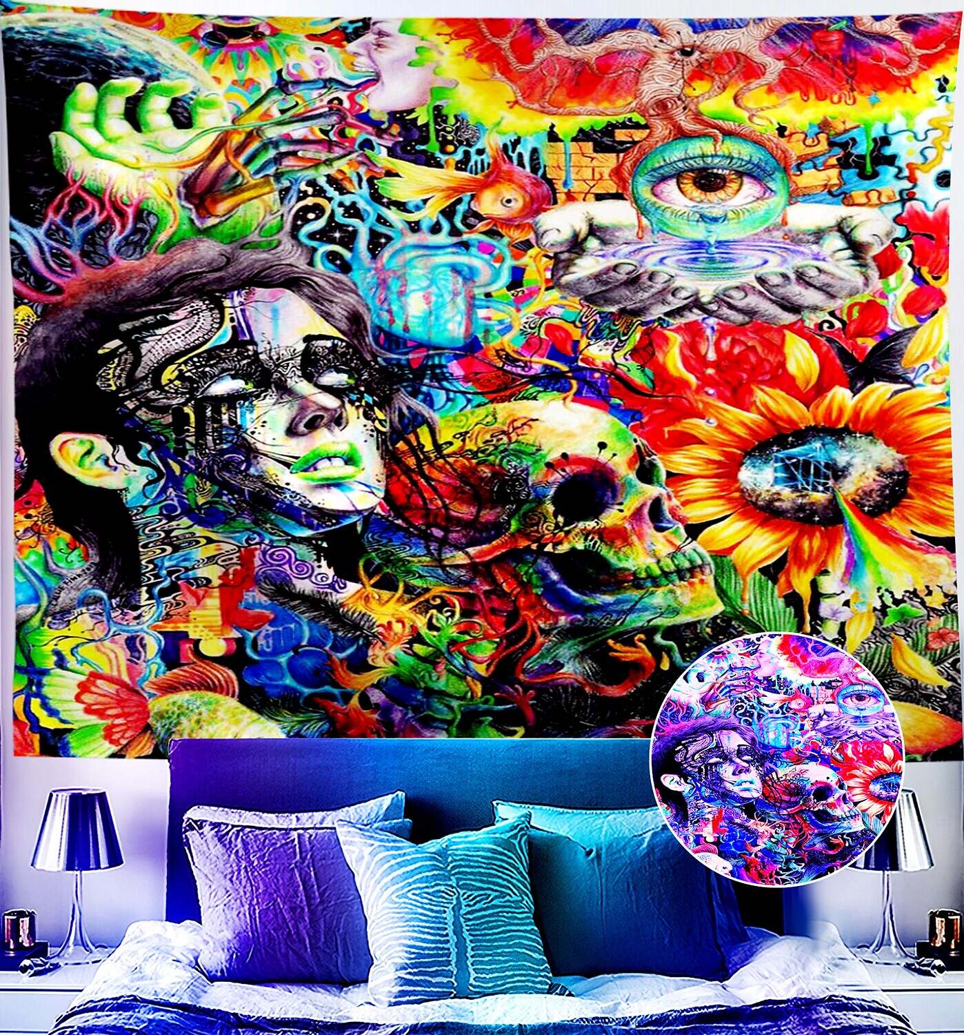 Trippy Blacklight UV Reactive Wall Tapestry Weed Alien Psychedelic