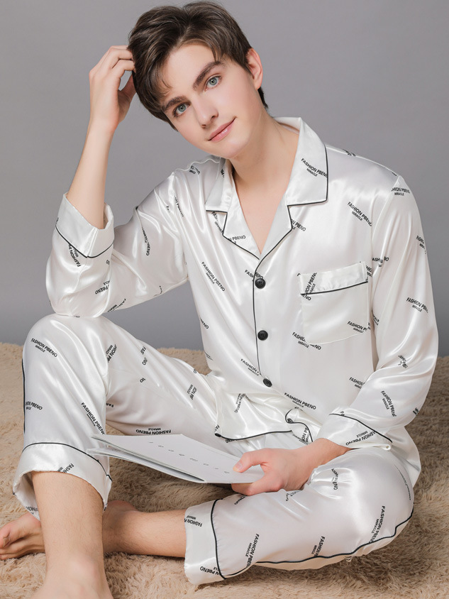 Regular Fit Casual Ice Silk Long Sleeve Couple Pajama Set