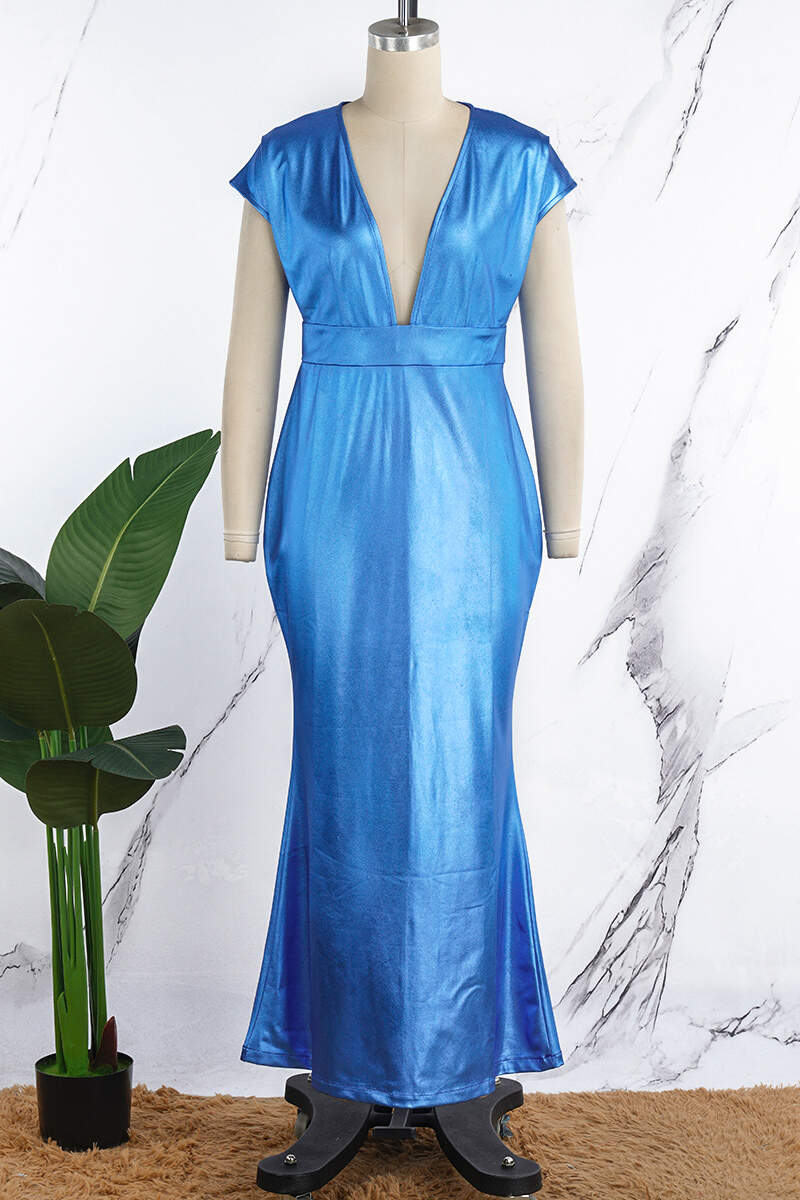 Blue Elegant Solid Patchwork V Neck Sleeveless Dress Dresses