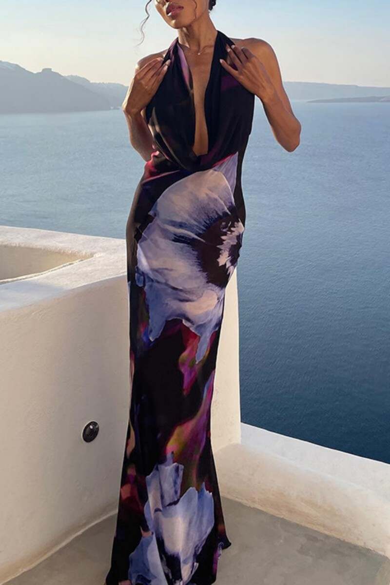 Colour Sexy Print Backless Halter One Step Skirt Dresses