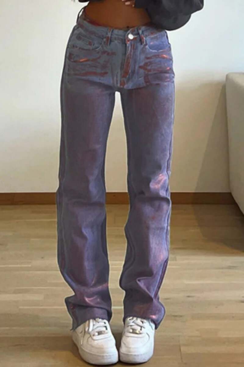 Red Casual Tie Dye Patchwork High Waist Regular Denim Jeans