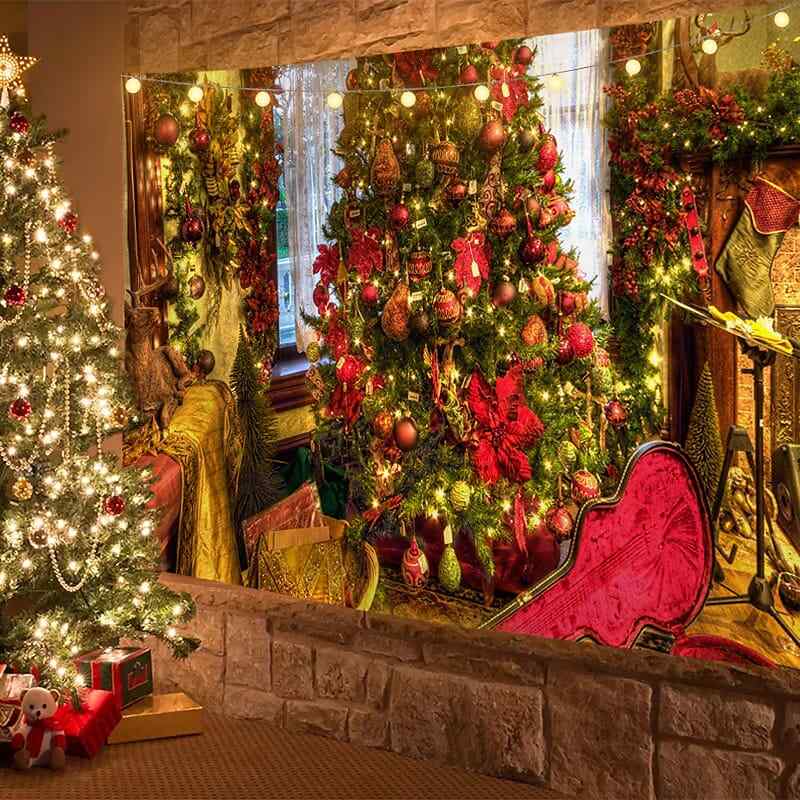 Christmas Decor LED Lights Wall Tapestry Fireplace Christmas Tree Print