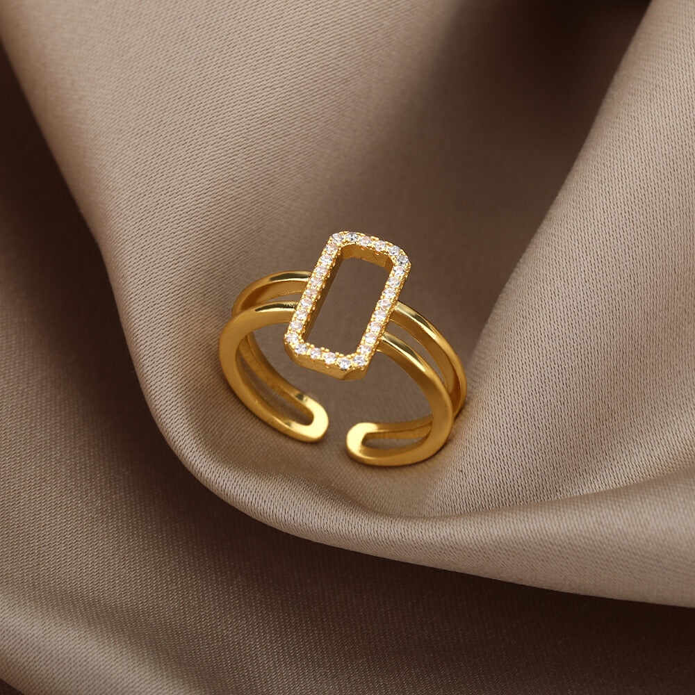 Hollow Rectangle Zircon Rings For Women Adjustable Open Stainless Steel Gold Color Finger Ring Couple Jewelry Gift anillos mujer