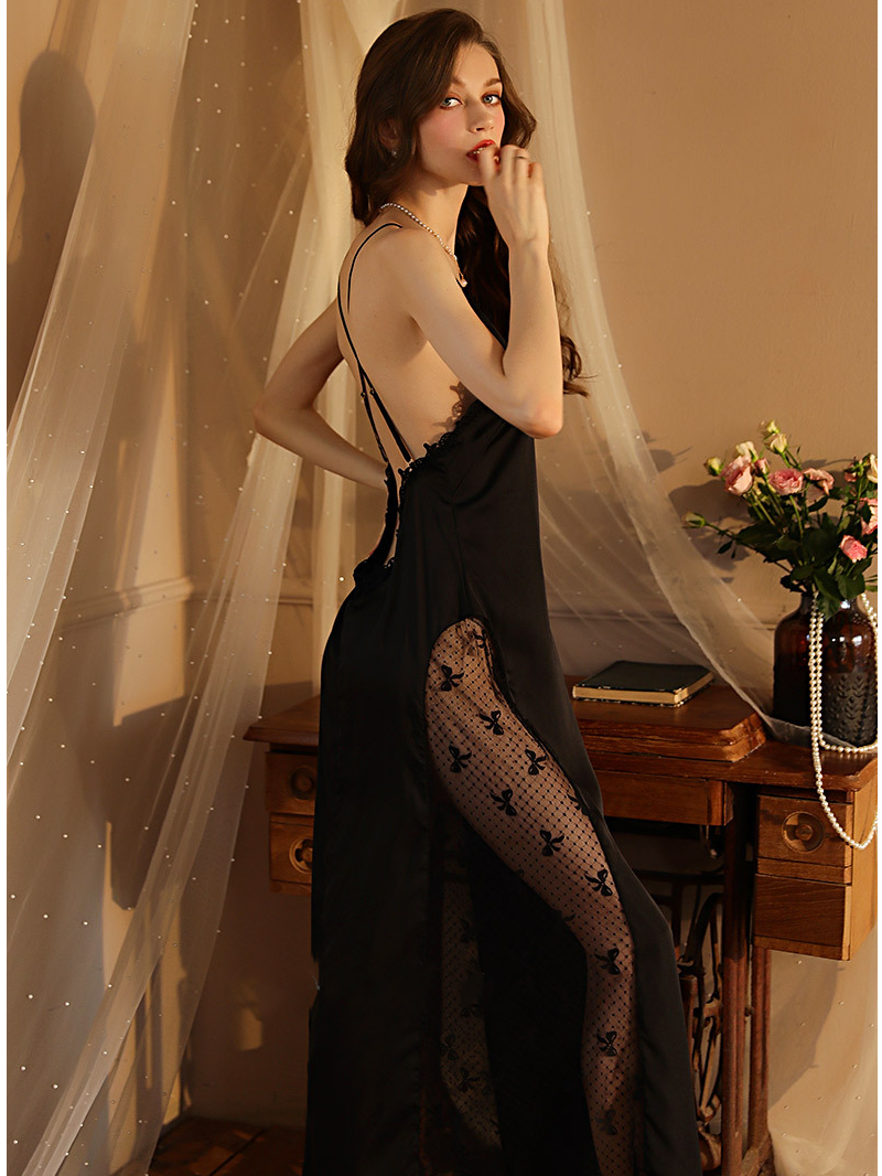 Sexy lace temptation nightgown ice silk long backless