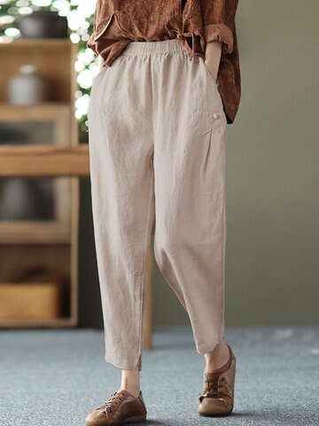 Women Pants & Capris | Solid Pocket Elastic Waist Casual Cotton Pants - VD36288